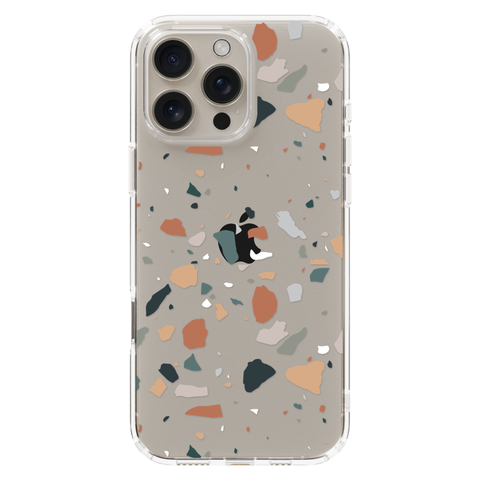 Minimal Earth Tone Terrazzo Clear Phone Case shown on iPhone 16 Pro Max