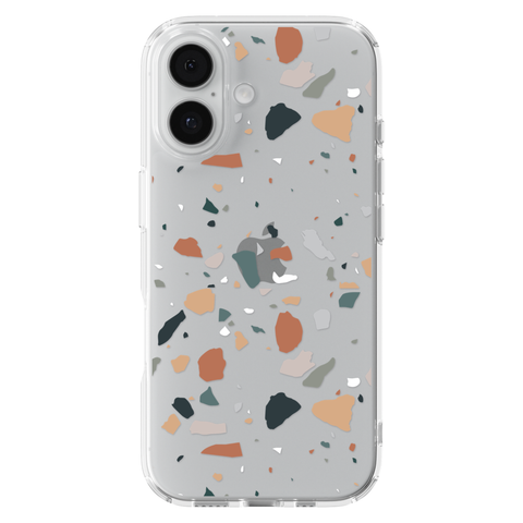 Minimal Earth Tone Terrazzo Clear Phone Case shown on iPhone 17