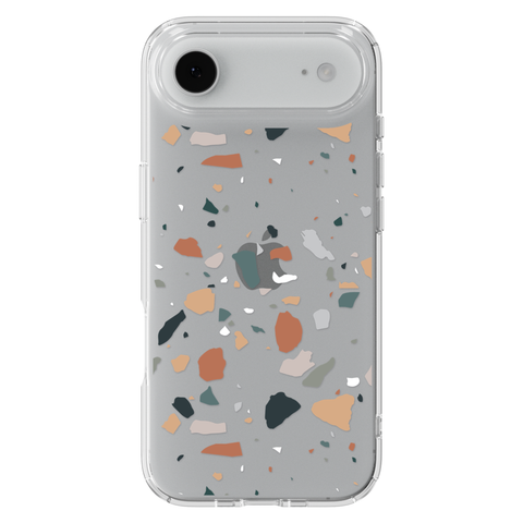 Minimal Earth Tone Terrazzo Clear Phone Case shown on iPhone 17 Air