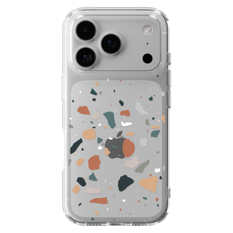 Minimal Earth Tone Terrazzo Clear Phone Case shown on iPhone 17 Pro