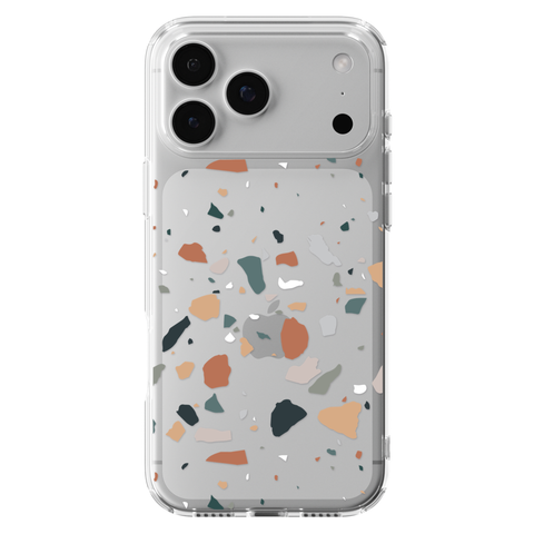 Minimal Earth Tone Terrazzo Clear Phone Case shown on iPhone 17 Pro Max