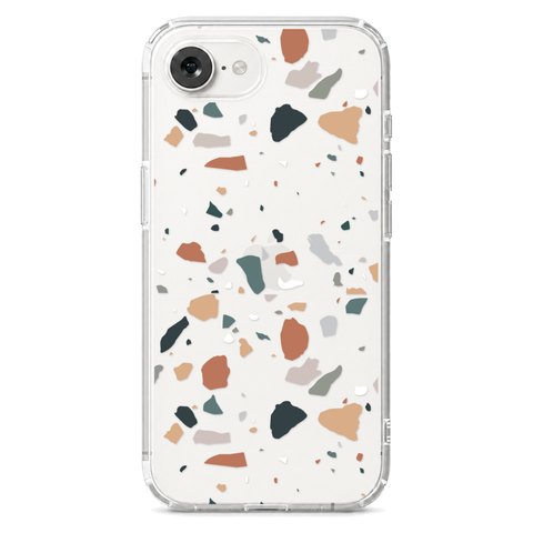 Minimal Earth Tone Terrazzo Clear Phone Case shown on iPhone 17e