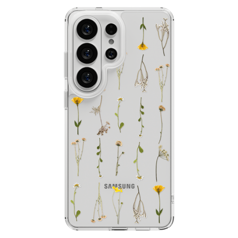 Minimal Wild Flower Print Clear Phone Case shown on Galaxy S25 Ultra