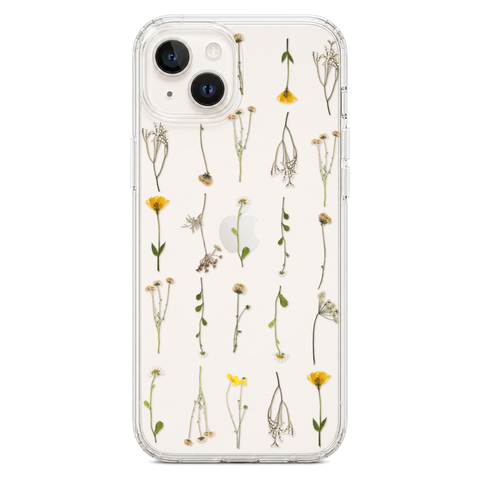 Minimal Wild Flower Print Clear Phone Case shown on iPhone 14 Plus