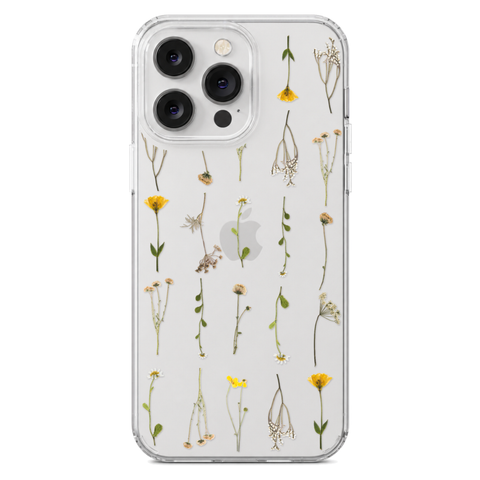 Minimal Wild Flower Print Clear Phone Case shown on iPhone 14 Pro Max
