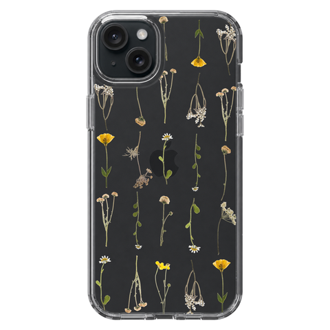 Minimal Wild Flower Print Clear Phone Case shown on iPhone 15 Plus
