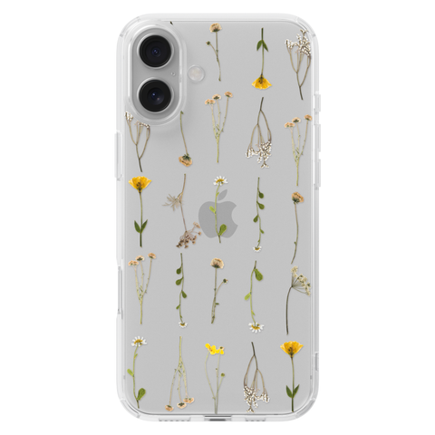 Minimal Wild Flower Print Clear Phone Case shown on iPhone 16 Plus