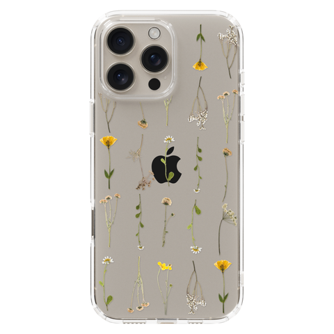 Minimal Wild Flower Print Clear Phone Case shown on iPhone 16 Pro