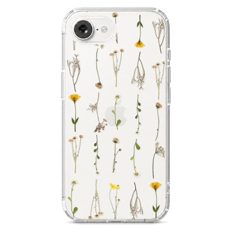 Minimal Wild Flower Print Clear Phone Case shown on iPhone 16e
