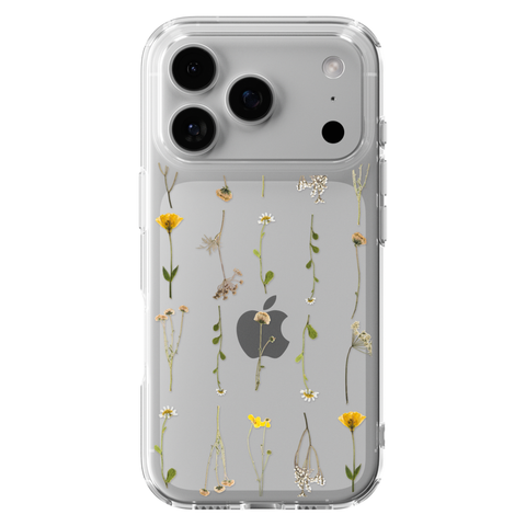 Minimal Wild Flower Print Clear Phone Case shown on iPhone 17 Pro