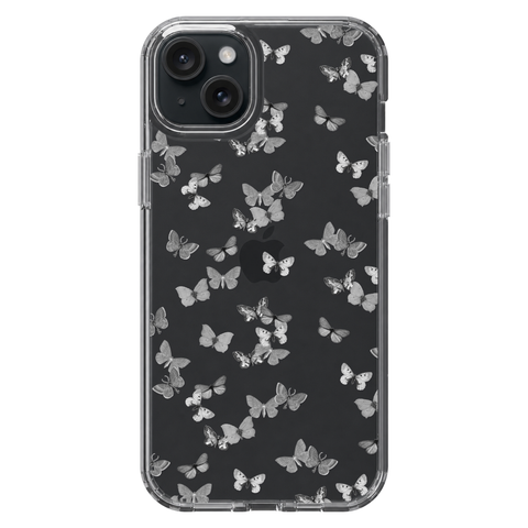 Minimalist Butterfly Clear Phone Case shown on iPhone 15 Plus