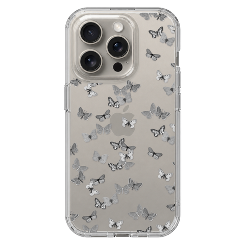 Minimalist Butterfly Clear Phone Case shown on iPhone 15 Pro