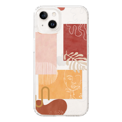 Modern Abstract Collage Clear Phone Case shown on iPhone 14