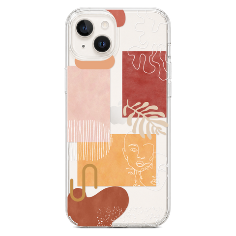Modern Abstract Collage Clear Phone Case shown on iPhone 14 Plus