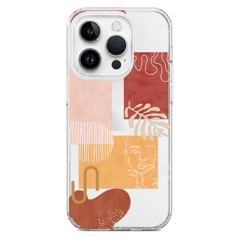 Modern Abstract Collage Clear Phone Case shown on iPhone 14 Pro