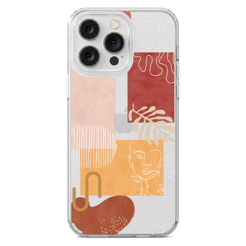 Modern Abstract Collage Clear Phone Case shown on iPhone 14 Pro Max