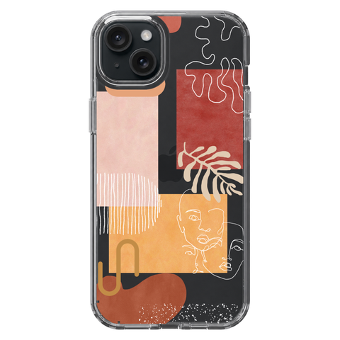 Modern Abstract Collage Clear Phone Case shown on iPhone 15 Plus
