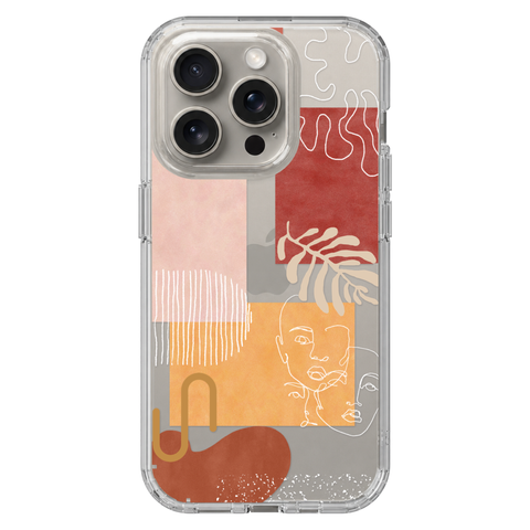 Modern Abstract Collage Clear Phone Case shown on iPhone 15 Pro