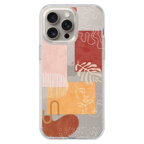 Modern Abstract Collage Clear Phone Case shown on iPhone 15 Pro Max