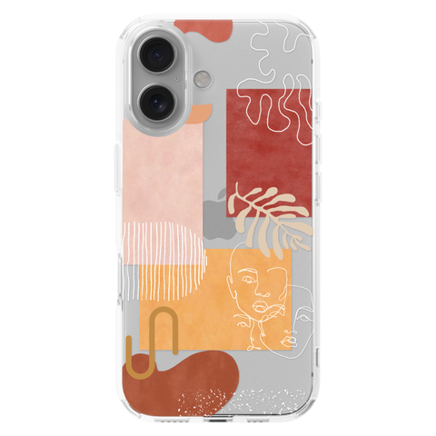 Modern Abstract Collage Clear Phone Case shown on iPhone 16