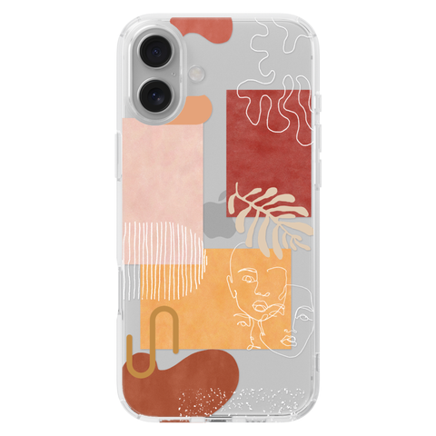 Modern Abstract Collage Clear Phone Case shown on iPhone 16 Plus