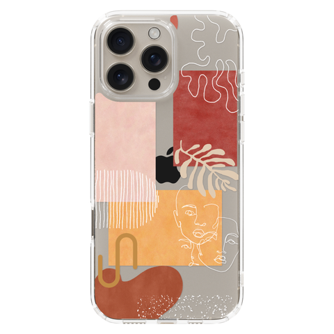 Modern Abstract Collage Clear Phone Case shown on iPhone 16 Pro Max