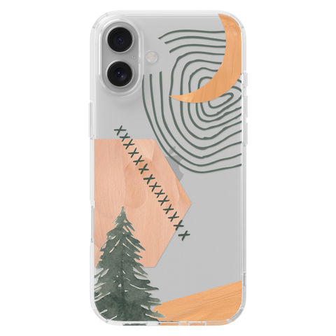 Modern Abstract Nature Collage Clear Phone Case shown on iPhone 16 Plus
