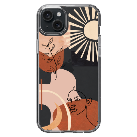 Modern Line Art Collage Clear Phone Case shown on iPhone 15 Plus