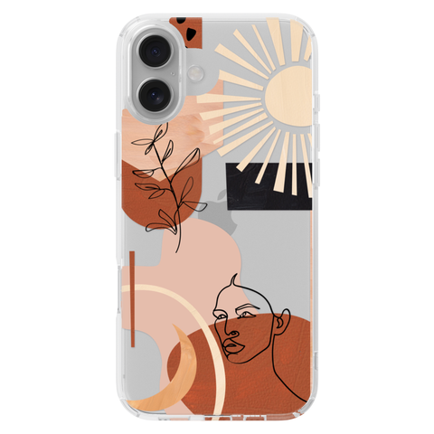 Modern Line Art Collage Clear Phone Case shown on iPhone 16 Plus