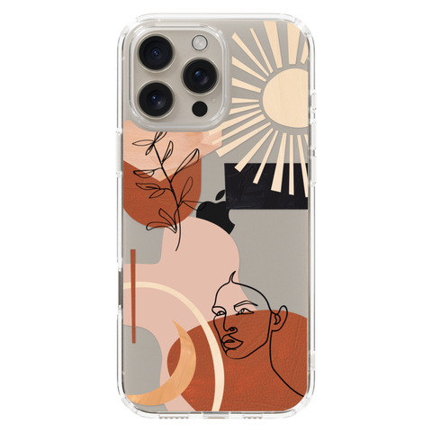 Modern Line Art Collage Clear Phone Case shown on iPhone 16 Pro