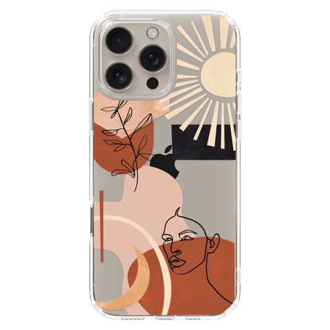 Modern Line Art Collage Clear Phone Case shown on iPhone 16 Pro Max