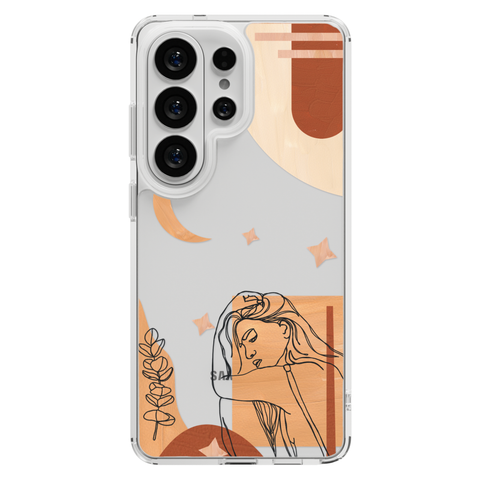 Modern Moon Line Art Collage Clear Phone Case shown on Galaxy S25 Ultra