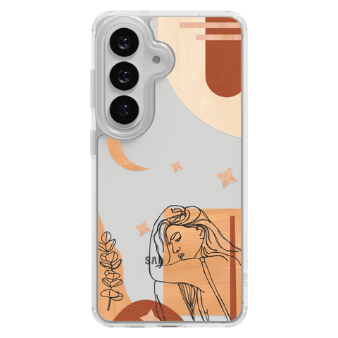 Modern Moon Line Art Collage Clear Phone Case shown on Galaxy S26