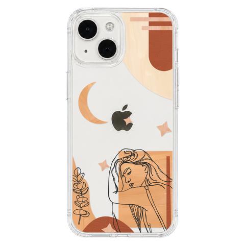 Modern Moon Line Art Collage Clear Phone Case shown on iPhone 13 Mini