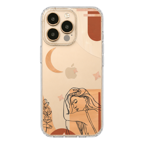 Modern Moon Line Art Collage Clear Phone Case shown on iPhone 13 Pro