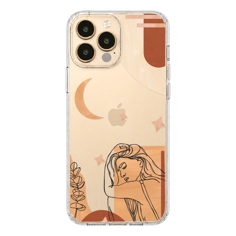 Modern Moon Line Art Collage Clear Phone Case shown on iPhone 13 Pro Max