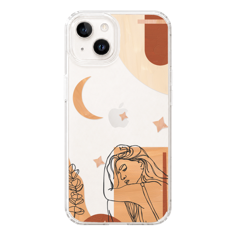 Modern Moon Line Art Collage Clear Phone Case shown on iPhone 14