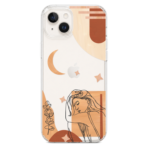 Modern Moon Line Art Collage Clear Phone Case shown on iPhone 14 Plus