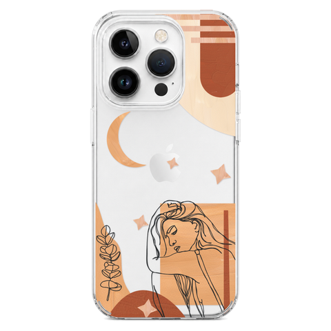 Modern Moon Line Art Collage Clear Phone Case shown on iPhone 14 Pro