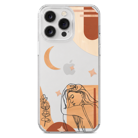 Modern Moon Line Art Collage Clear Phone Case shown on iPhone 14 Pro Max