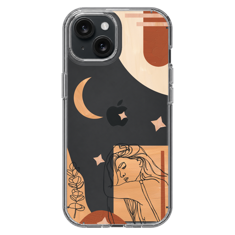 Modern Moon Line Art Collage Clear Phone Case shown on iPhone 15