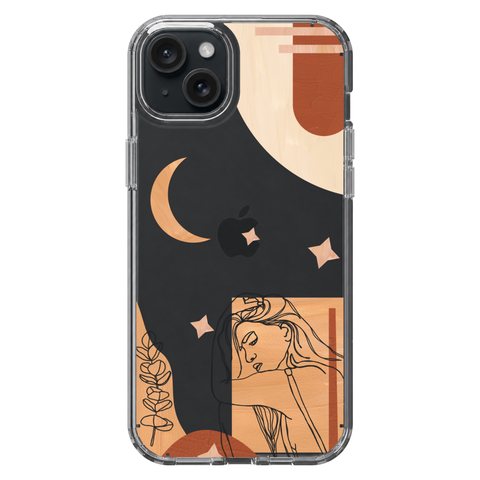 Modern Moon Line Art Collage Clear Phone Case shown on iPhone 15 Plus