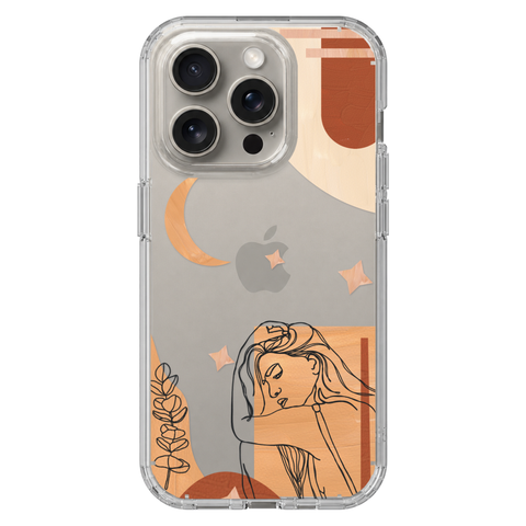 Modern Moon Line Art Collage Clear Phone Case shown on iPhone 15 Pro