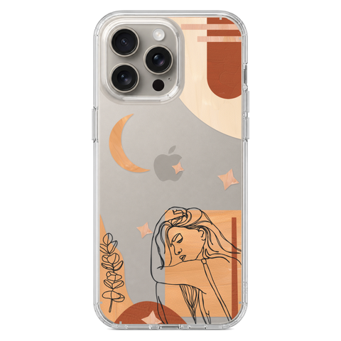 Modern Moon Line Art Collage Clear Phone Case shown on iPhone 15 Pro Max