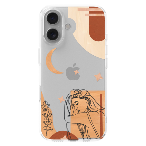 Modern Moon Line Art Collage Clear Phone Case shown on iPhone 16