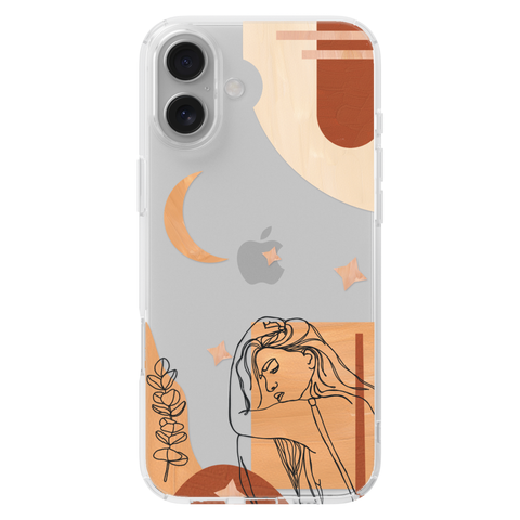 Modern Moon Line Art Collage Clear Phone Case shown on iPhone 16 Plus