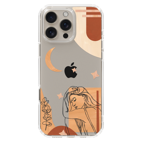 Modern Moon Line Art Collage Clear Phone Case shown on iPhone 16 Pro