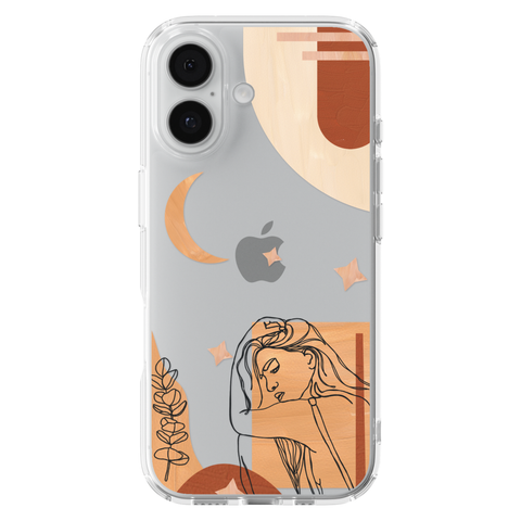 Modern Moon Line Art Collage Clear Phone Case shown on iPhone 17