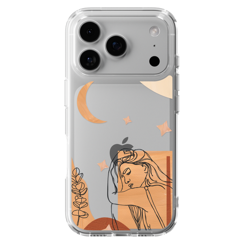 Modern Moon Line Art Collage Clear Phone Case shown on iPhone 17 Pro