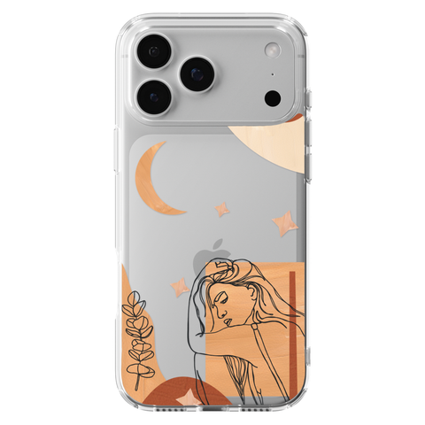Modern Moon Line Art Collage Clear Phone Case shown on iPhone 17 Pro Max
